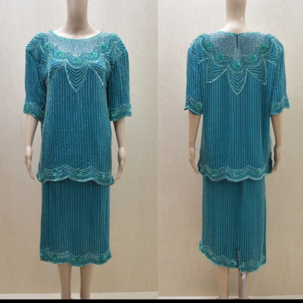 80s vintage silk and beaded two piece dress.